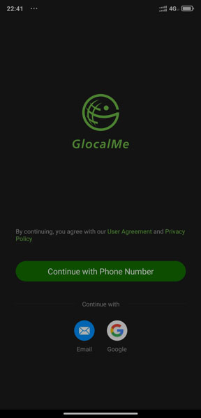 Вікно авторизації програми GlocalMe