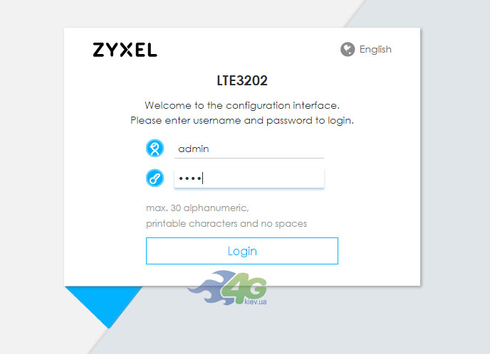 Вхід до меню налаштувань ZyXel LTE3202-M430