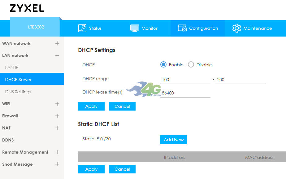 Налаштування DHCP ZyXel LTE3202-M430